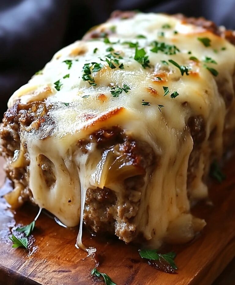 Crockpot French Onion Meatloaf with Melted Swiss Cheese