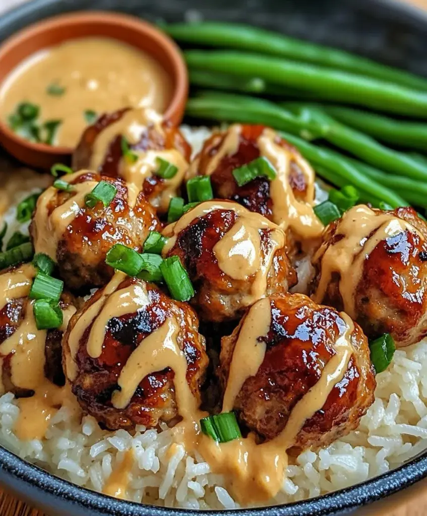 Korean-Style BBQ Meatballs with Rice & Creamy Sauce